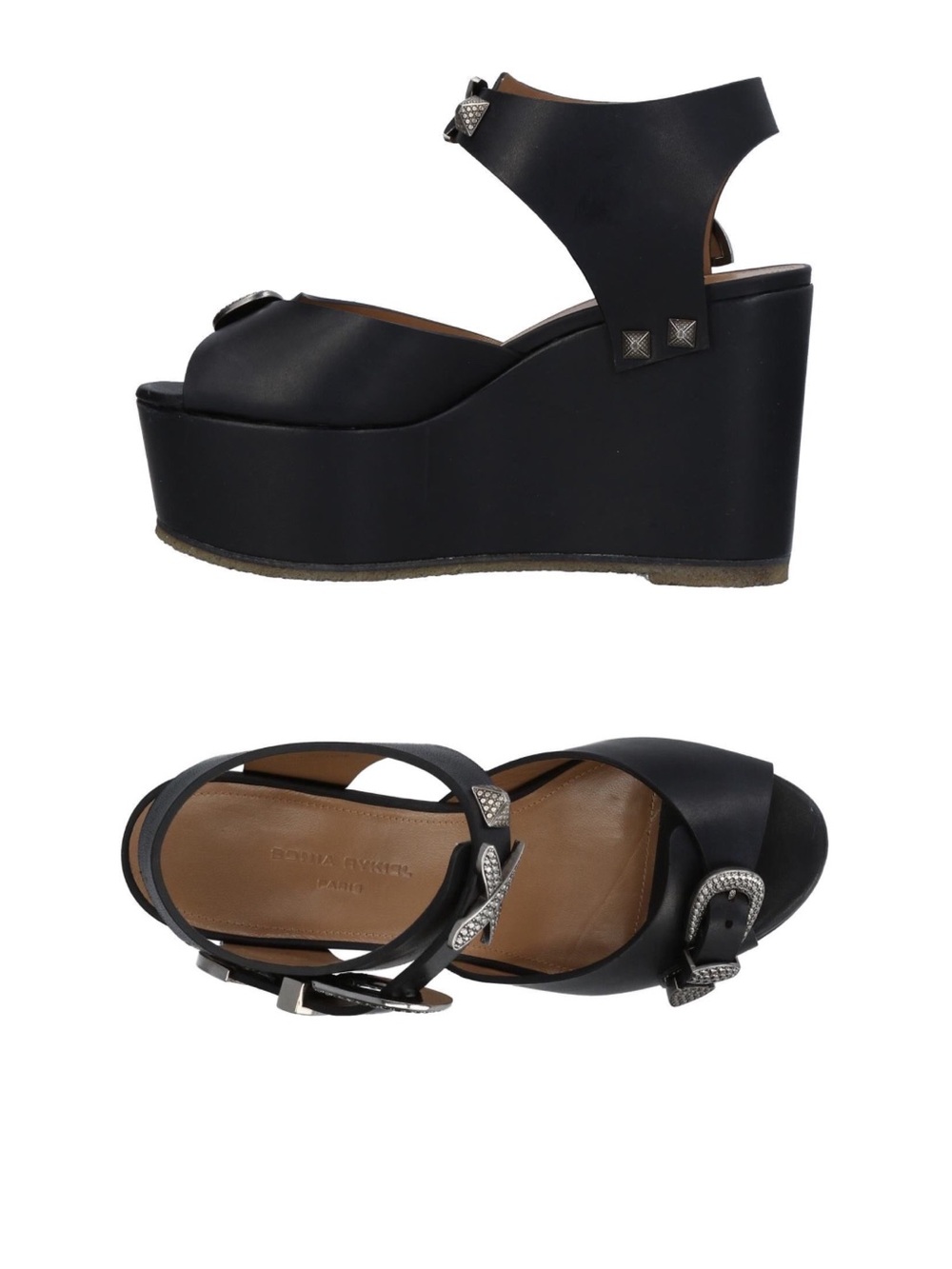 Sonia Rykiel Black Leather Platform Wedge Sandals with Studded Buckles US 7